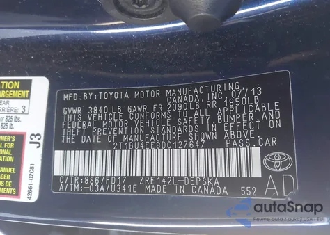 2013 Toyota Corolla S z USA, uszkodzony, nr VIN 2T1BU4EE8DC127647